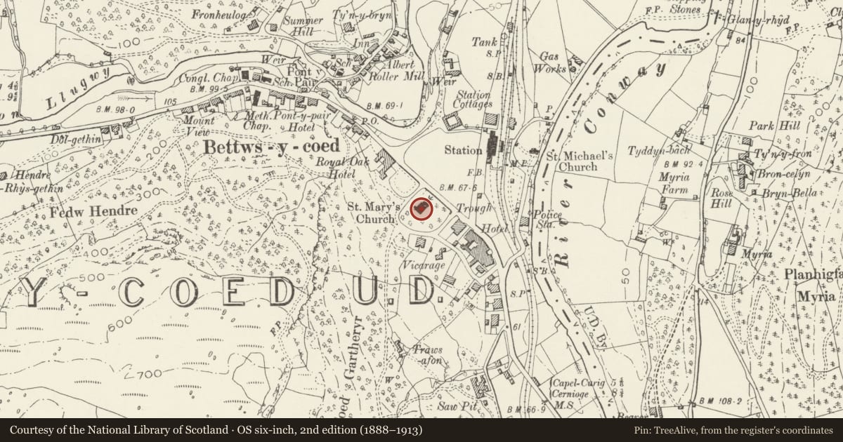 Ordnance Survey six-inch map, 2nd edition (1888–1913) covering the location of St. Mary's Church, Betws-y-Coed, Conwy, with a pin at the register's coordinates