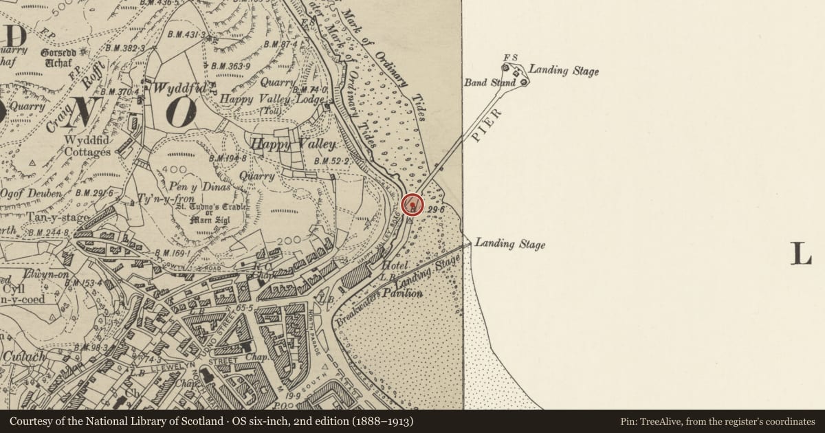 Ordnance Survey six-inch map, 2nd edition (1888–1913) covering the location of The Pier, including Stone Lodge, Pier End Pavilions, Kiosks and remains of Pier Pavilion, Llandudno, Conwy, with a pin at the register's coordinates