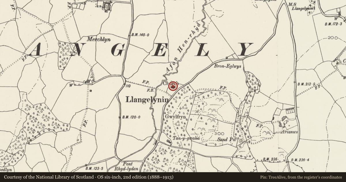 Ordnance Survey six-inch map, 2nd edition (1888–1913) covering the location of Llangelynin New Church, Henryd, Conwy, with a pin at the register's coordinates