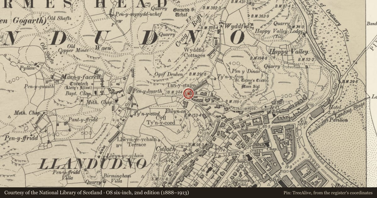 Ordnance Survey six-inch map, 2nd edition (1888–1913) covering the location of Telephone Call-box, Llandudno, Conwy, with a pin at the register's coordinates