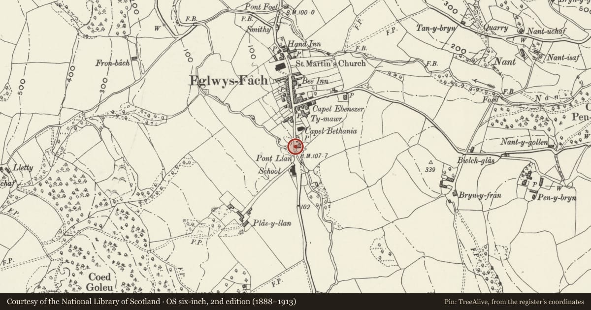 Ordnance Survey six-inch map, 2nd edition (1888–1913) covering the location of Telephone Call-box (tel no: 01492 650399) at the S edge of Village and opposite Post Office, Eglwysbach, Conwy, with a pin at the register's coordinates
