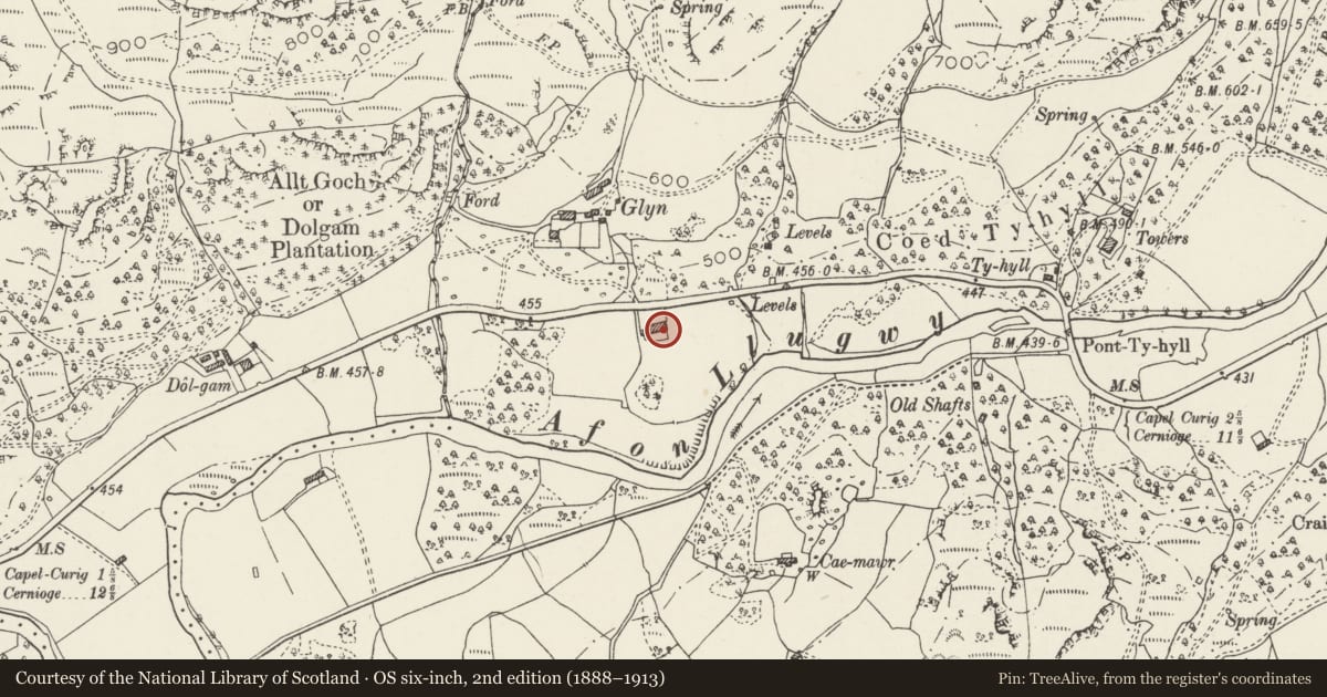 Ordnance Survey six-inch map, 2nd edition (1888–1913) covering the location of Ysgubor-y-Glyn (adjacent to Capel Curig Training Camp)., Conwy, with a pin at the register's coordinates