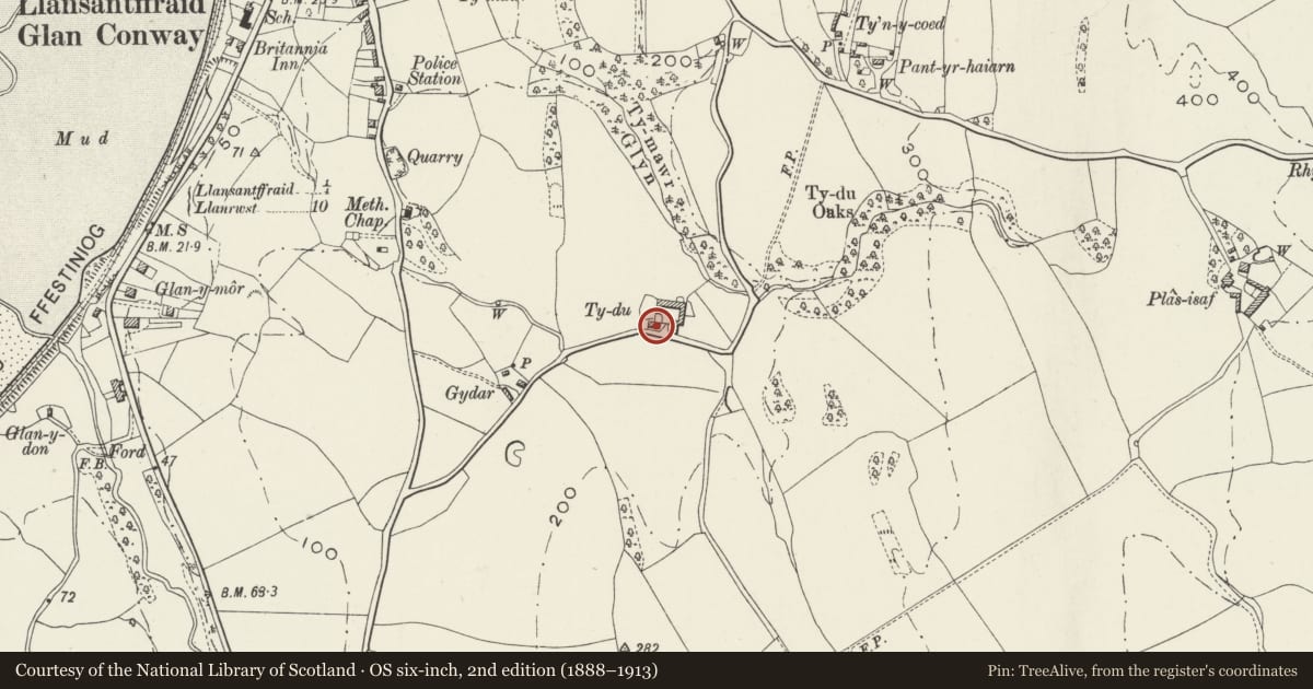 Ordnance Survey six-inch map, 2nd edition (1888–1913) covering the location of Ty Du Farmhouse, Llansanffraid Glan Conwy, Conwy, with a pin at the register's coordinates