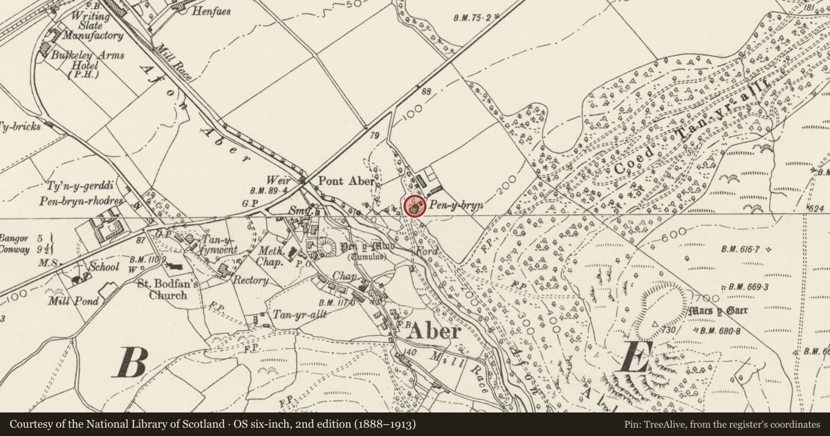 Ordnance Survey six-inch map, 2nd edition (1888–1913) covering the location of Pen-y-bryn, Aber, Gwynedd, with a pin at the register's coordinates