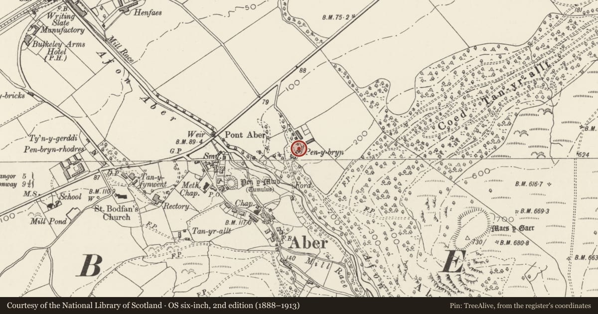 Ordnance Survey six-inch map, 2nd edition (1888–1913) covering the location of Pen-y-bryn Cottage, Aber, Gwynedd, with a pin at the register's coordinates