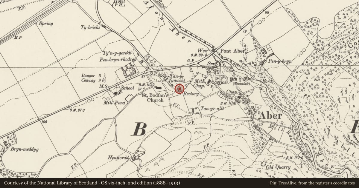 Ordnance Survey six-inch map, 2nd edition (1888–1913) covering the location of The Old Rectory, Aber, Gwynedd, with a pin at the register's coordinates