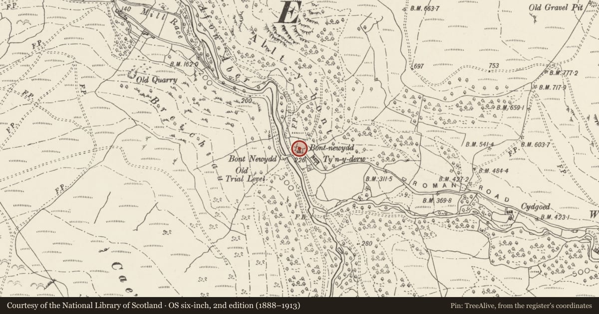 Ordnance Survey six-inch map, 2nd edition (1888–1913) covering the location of Bont Newydd, Aber, Gwynedd, with a pin at the register's coordinates