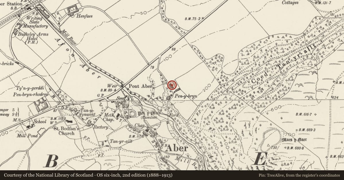 Ordnance Survey six-inch map, 2nd edition (1888–1913) covering the location of Gatehouse/Barn at Pen-y-bryn, Aber, Gwynedd, with a pin at the register's coordinates