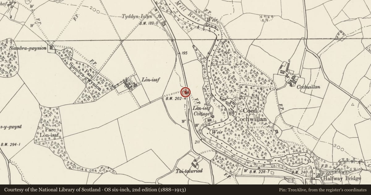 Ordnance Survey six-inch map, 2nd edition (1888–1913) covering the location of Lon-Isaf Gate, Llandygai, Gwynedd, with a pin at the register's coordinates