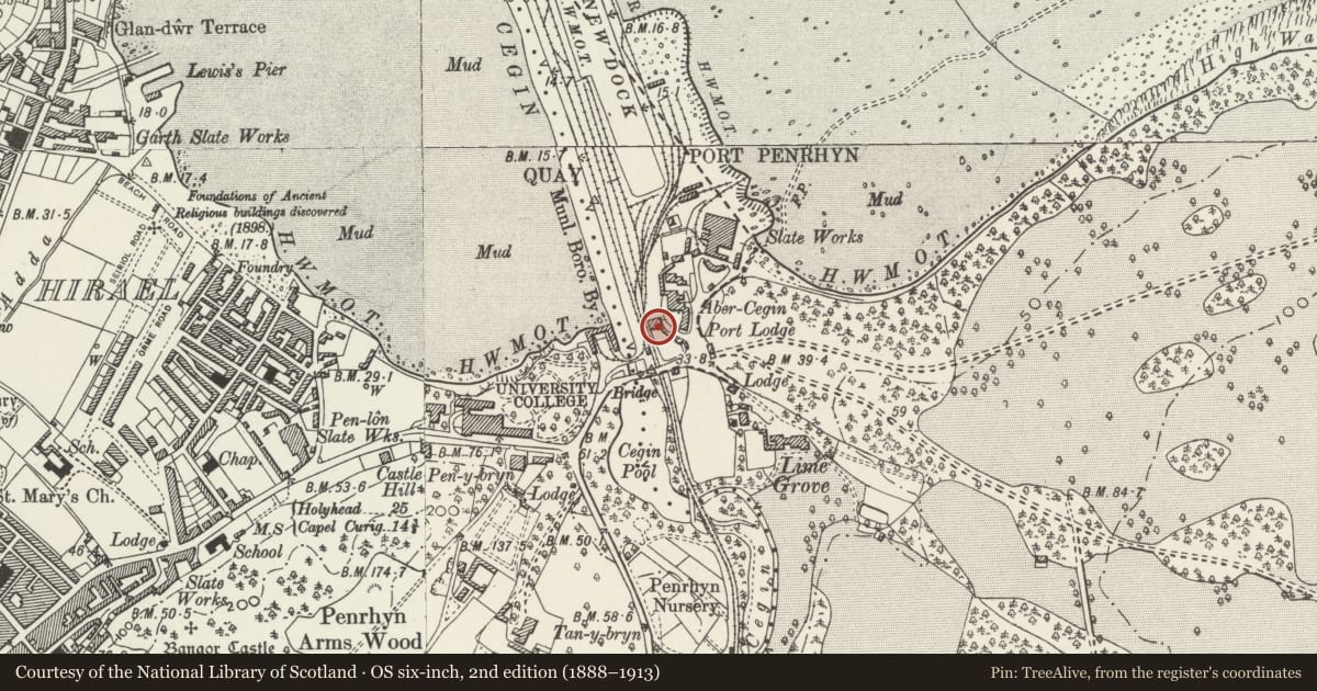 Ordnance Survey six-inch map, 2nd edition (1888–1913) covering the location of Port House, Llandygai, Gwynedd, with a pin at the register's coordinates