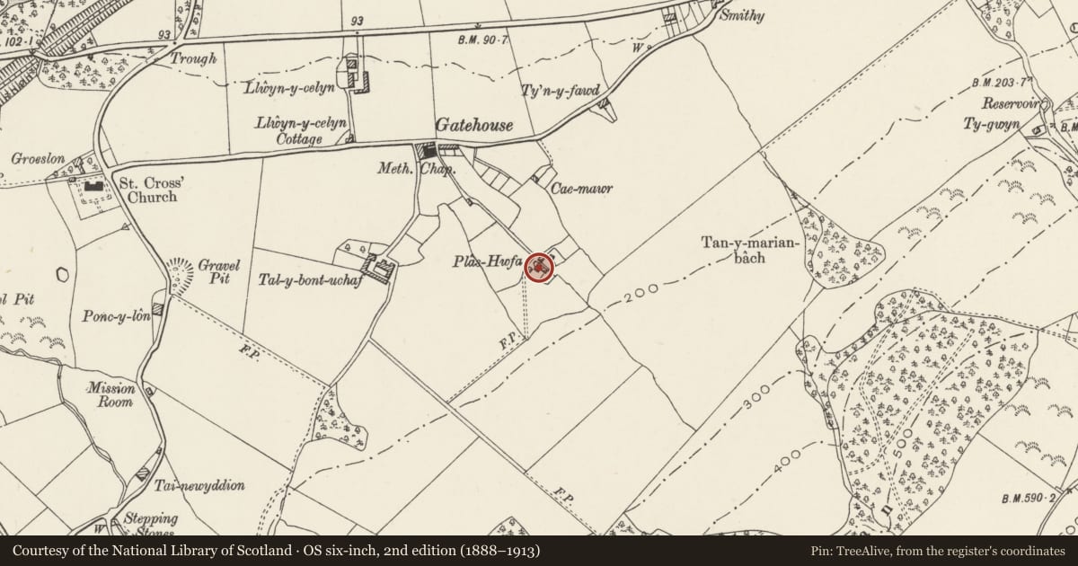 Ordnance Survey six-inch map, 2nd edition (1888–1913) covering the location of Plas Hwfa, Llanllechid, Gwynedd, with a pin at the register's coordinates