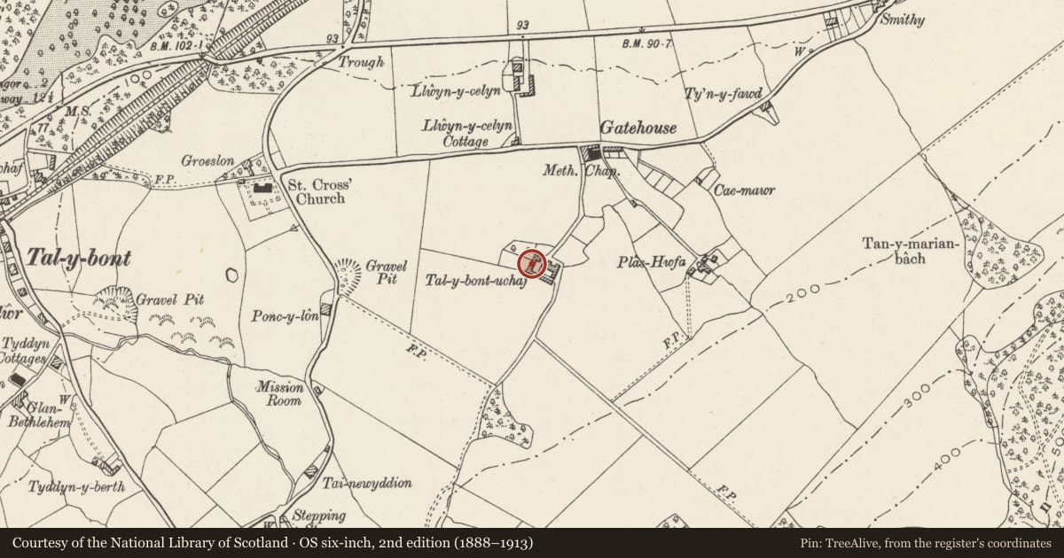 Ordnance Survey six-inch map, 2nd edition (1888–1913) covering the location of Tal-y-bont-uchaf and attached farmbuildings, Llanllechid, Gwynedd, with a pin at the register's coordinates
