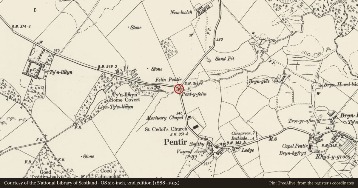 Ordnance Survey six-inch map, 2nd edition (1888–1913) covering the location of Pont-y-felin, Pentir, Gwynedd, with a pin at the register's coordinates