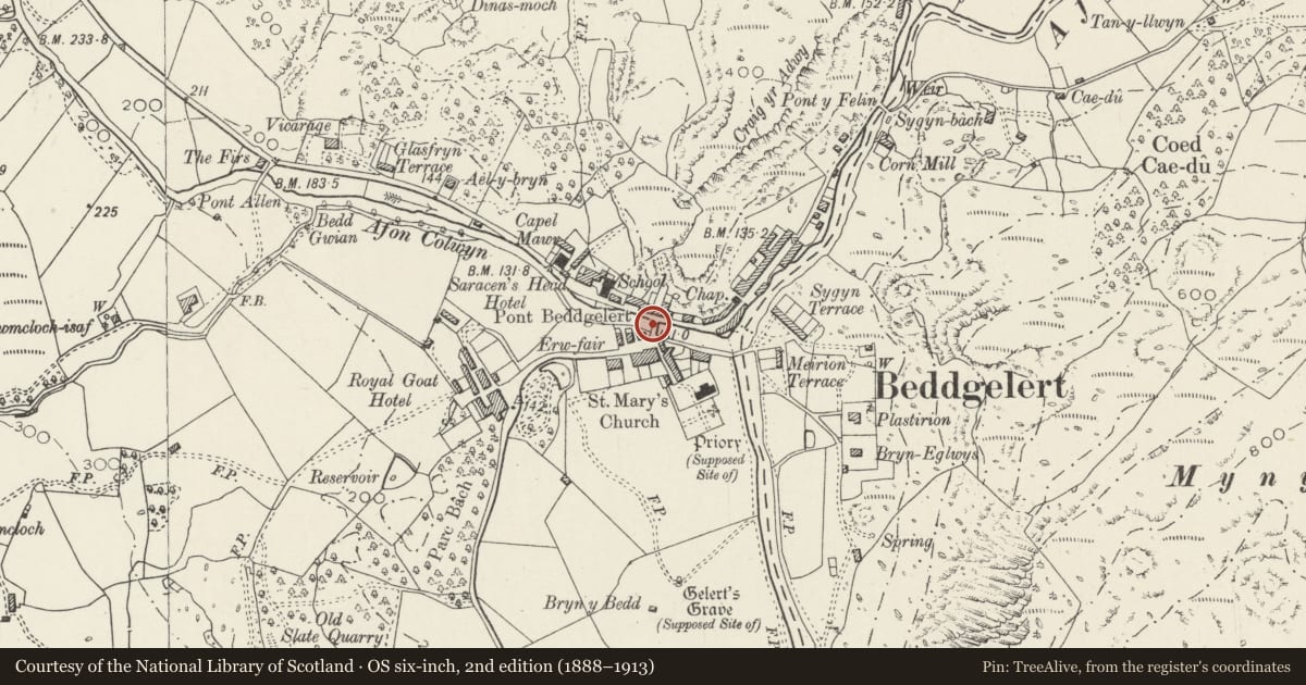 Ordnance Survey six-inch map, 2nd edition (1888–1913) covering the location of Pont Beddgelert, Gwynedd, with a pin at the register's coordinates