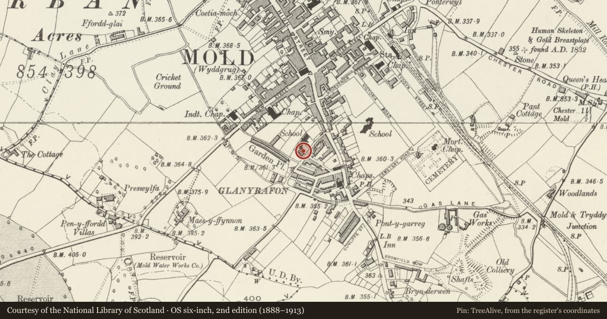Ordnance Survey six-inch map, 2nd edition (1888–1913) covering the location of BBC Radio Clwyd, Mold, Flintshire, with a pin at the register's coordinates