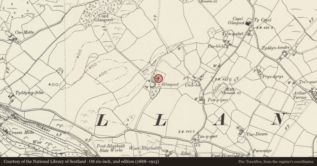 Ordnance Survey six-inch map, 2nd edition (1888–1913) covering the location of Glasgoed Hall, Llanddeiniolen, Gwynedd, with a pin at the register's coordinates