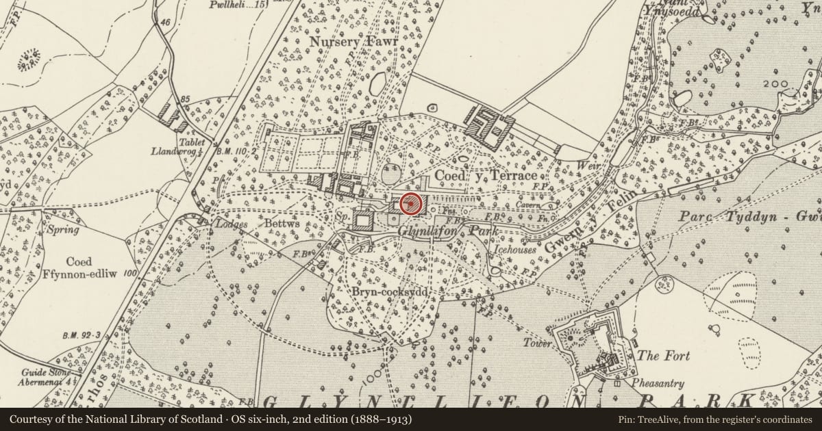 Ordnance Survey six-inch map, 2nd edition (1888–1913) covering the location of Glynllifon, Llandwrog, Gwynedd, with a pin at the register's coordinates