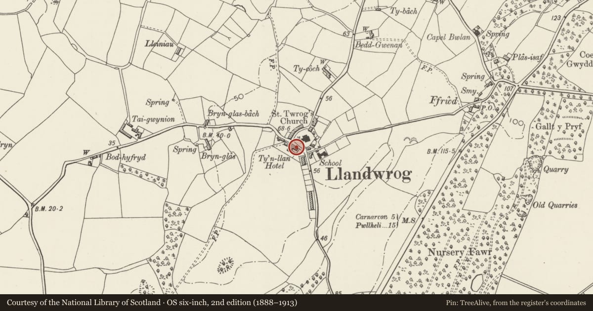 Ordnance Survey six-inch map, 2nd edition (1888–1913) covering the location of Tyn Llan (Harp Hotel), Llandwrog, Gwynedd, with a pin at the register's coordinates