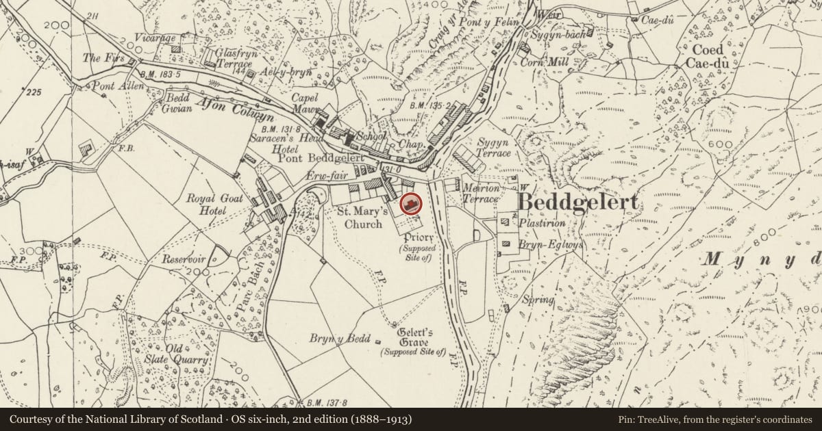 Ordnance Survey six-inch map, 2nd edition (1888–1913) covering the location of Parish Church of St Mary, Beddgelert, Gwynedd, with a pin at the register's coordinates