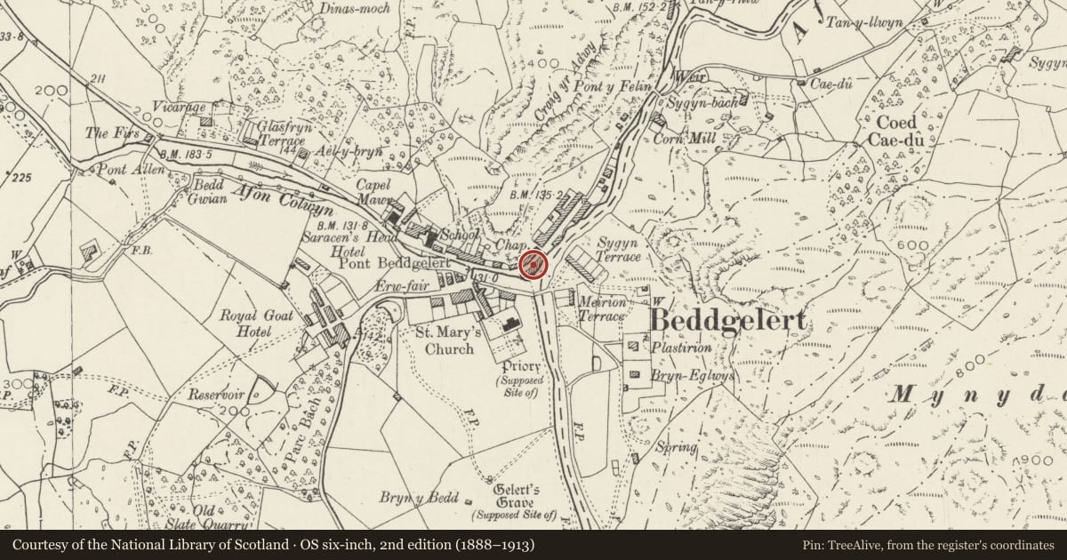 Ordnance Survey six-inch map, 2nd edition (1888–1913) covering the location of Glan-Awen, Beddgelert, Gwynedd, with a pin at the register's coordinates