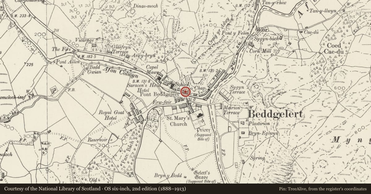 Ordnance Survey six-inch map, 2nd edition (1888–1913) covering the location of Waterloo House (Beddgelert Antiques and Tea Rooms), Gwynedd, with a pin at the register's coordinates