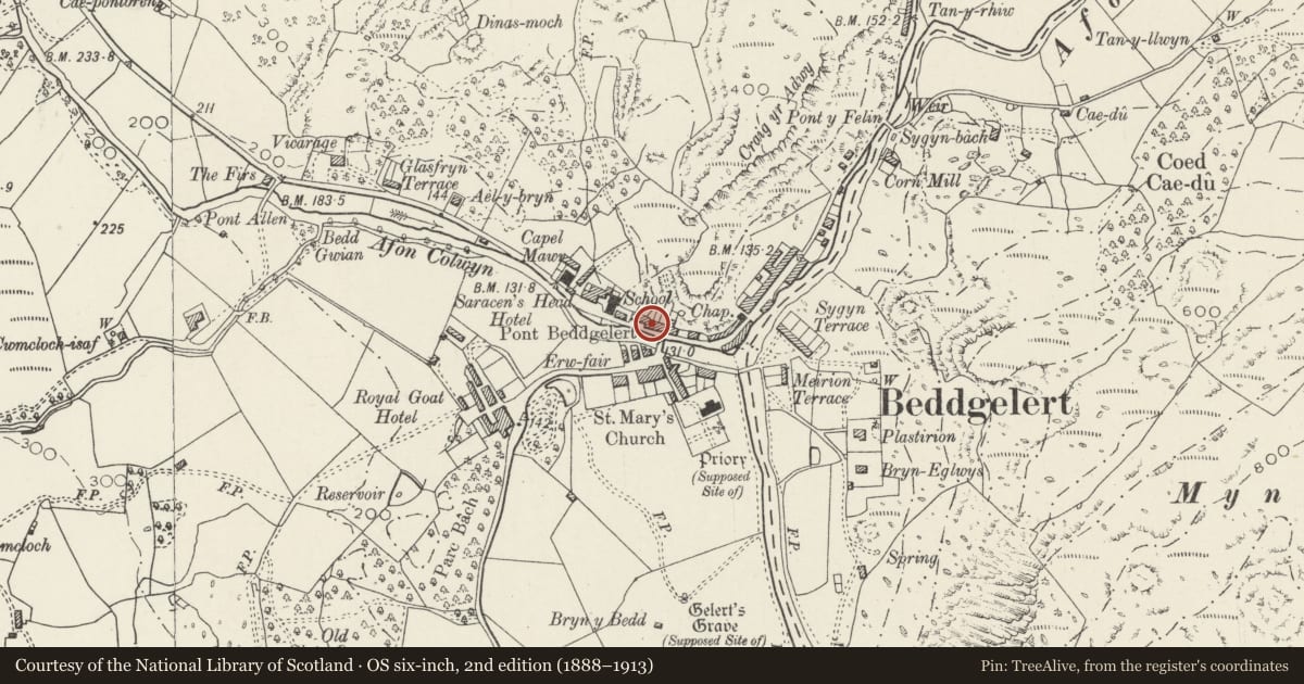 Ordnance Survey six-inch map, 2nd edition (1888–1913) covering the location of Colwyn Guest House, Beddgelert, Gwynedd, with a pin at the register's coordinates