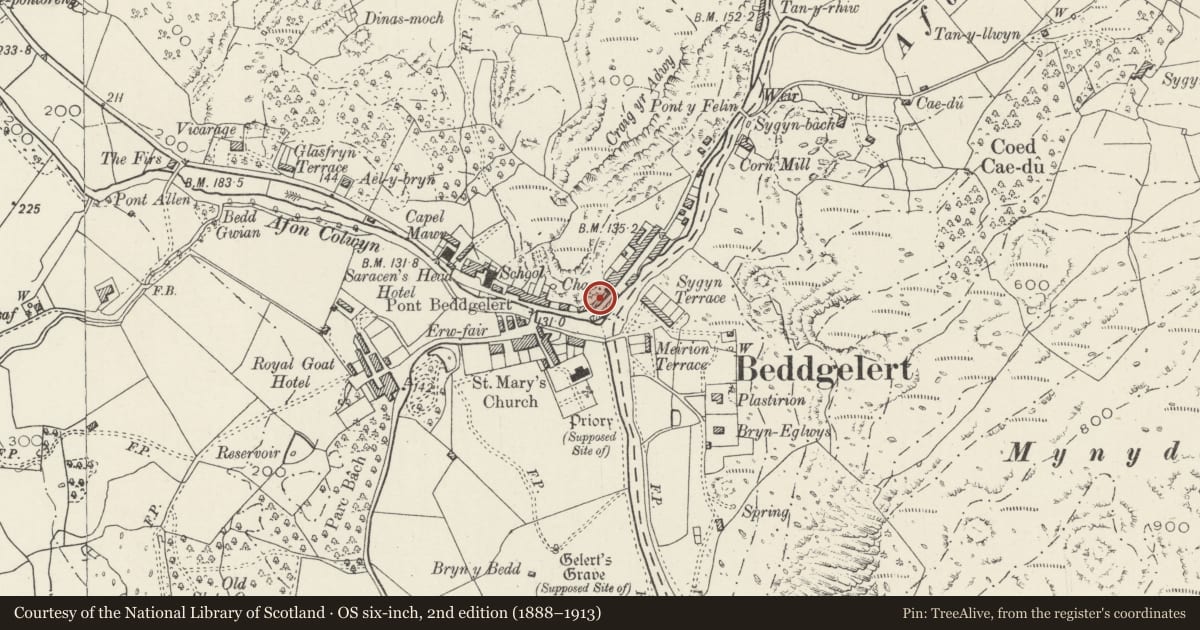 Ordnance Survey six-inch map, 2nd edition (1888–1913) covering the location of Abercolwyn, Beddgelert, Gwynedd, with a pin at the register's coordinates