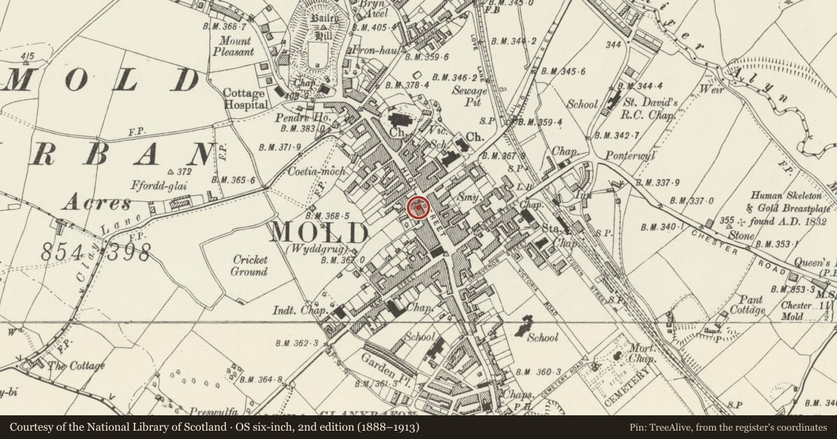 Ordnance Survey six-inch map, 2nd edition (1888–1913) covering the location of 24 High Street, Mold, Flintshire, with a pin at the register's coordinates