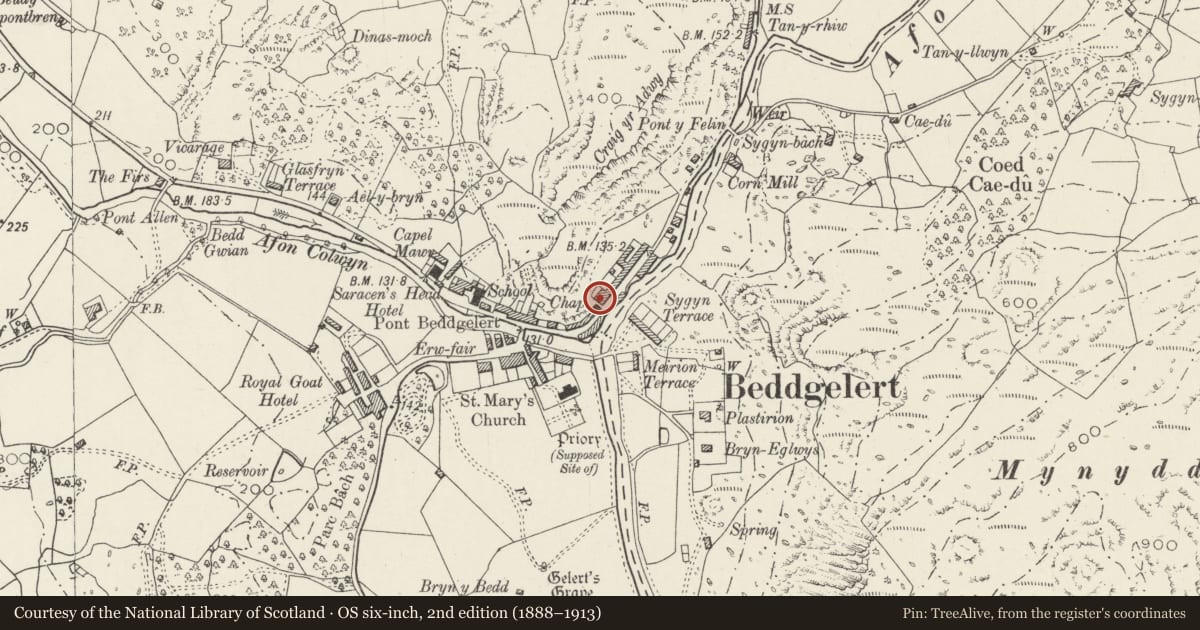Ordnance Survey six-inch map, 2nd edition (1888–1913) covering the location of Encil, Beddgelert, Gwynedd, with a pin at the register's coordinates