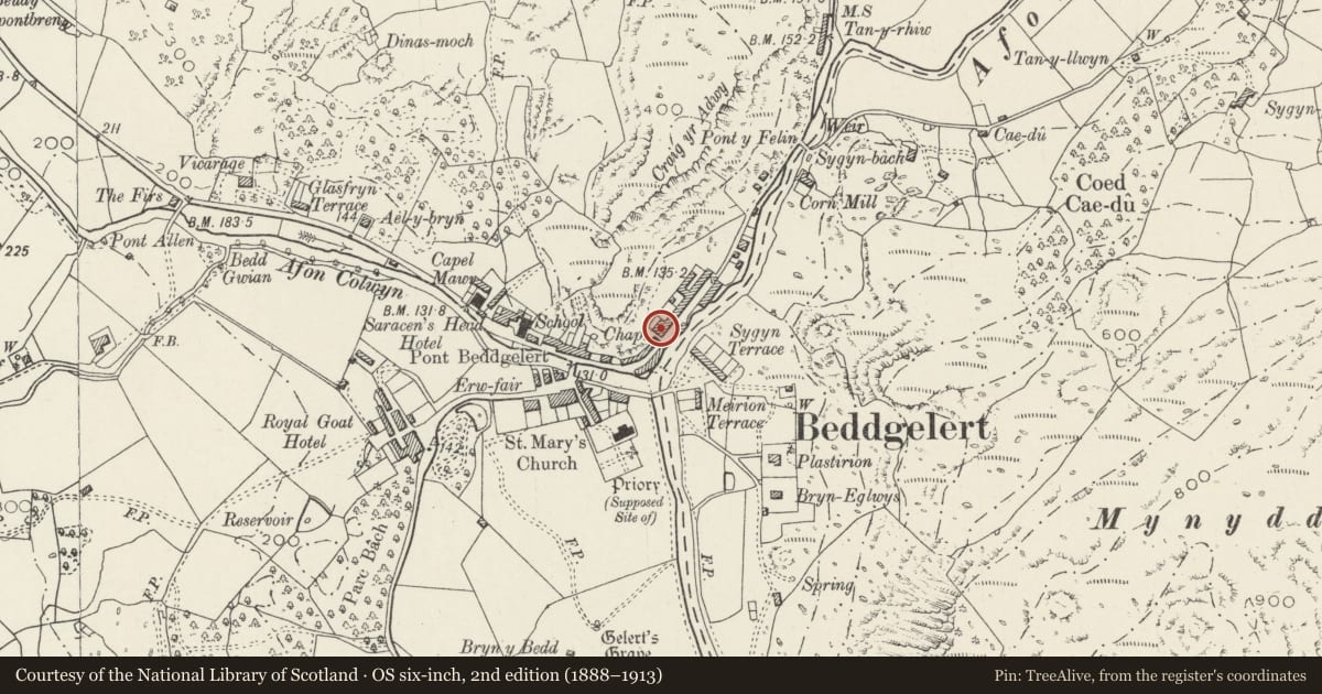 Ordnance Survey six-inch map, 2nd edition (1888–1913) covering the location of Ail Orau, Beddgelert, Gwynedd, with a pin at the register's coordinates
