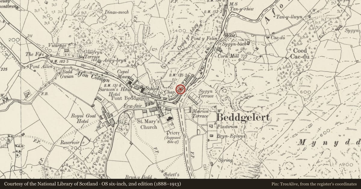 Ordnance Survey six-inch map, 2nd edition (1888–1913) covering the location of Bryn Afon, Beddgelert, Gwynedd, with a pin at the register's coordinates