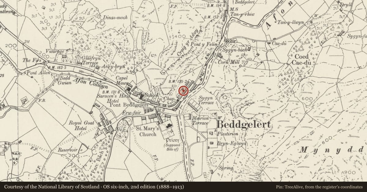 Ordnance Survey six-inch map, 2nd edition (1888–1913) covering the location of Pen-y-Bont, Beddgelert, Gwynedd, with a pin at the register's coordinates