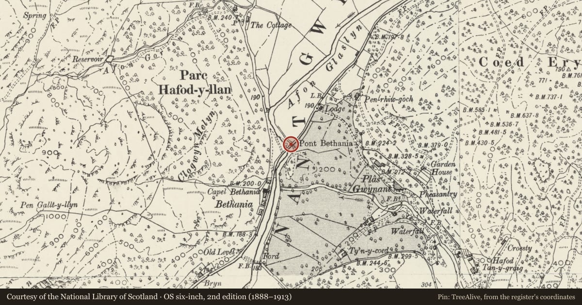 Ordnance Survey six-inch map, 2nd edition (1888–1913) covering the location of Pont Bethania, Beddgelert, Gwynedd, with a pin at the register's coordinates