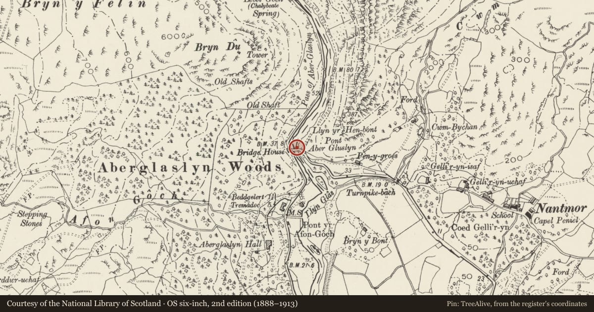 Ordnance Survey six-inch map, 2nd edition (1888–1913) covering the location of Pont Aberglaslyn, Beddgelert, Gwynedd, with a pin at the register's coordinates