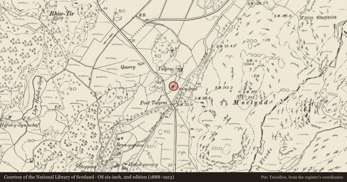 Ordnance Survey six-inch map, 2nd edition (1888–1913) covering the location of Talyrni Cottage, Beddgelert, Gwynedd, with a pin at the register's coordinates