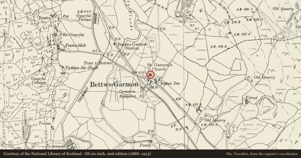 Ordnance Survey six-inch map, 2nd edition (1888–1913) covering the location of Church of St Garmon, Betws Garmon, Gwynedd, with a pin at the register's coordinates