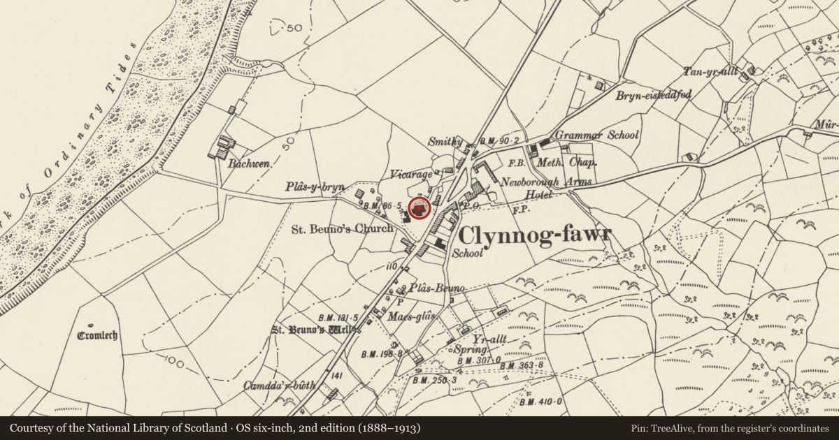 Ordnance Survey six-inch map, 2nd edition (1888–1913) covering the location of Church of St Beuno, with attached Chapel of St Beuno, Clynnog, Gwynedd, with a pin at the register's coordinates