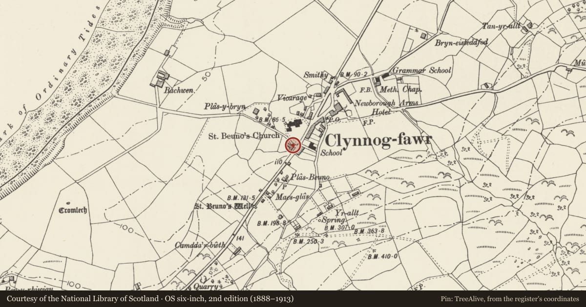 Ordnance Survey six-inch map, 2nd edition (1888–1913) covering the location of Bodfasarn, Clynnog, Gwynedd, with a pin at the register's coordinates