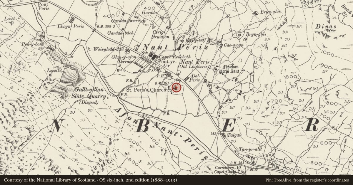 Ordnance Survey six-inch map, 2nd edition (1888–1913) covering the location of Church of St Peris, Llanberis, Gwynedd, with a pin at the register's coordinates