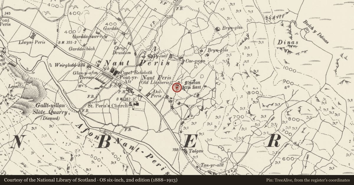 Ordnance Survey six-inch map, 2nd edition (1888–1913) covering the location of Ffynnon Beris, Llanberis, Gwynedd, with a pin at the register's coordinates