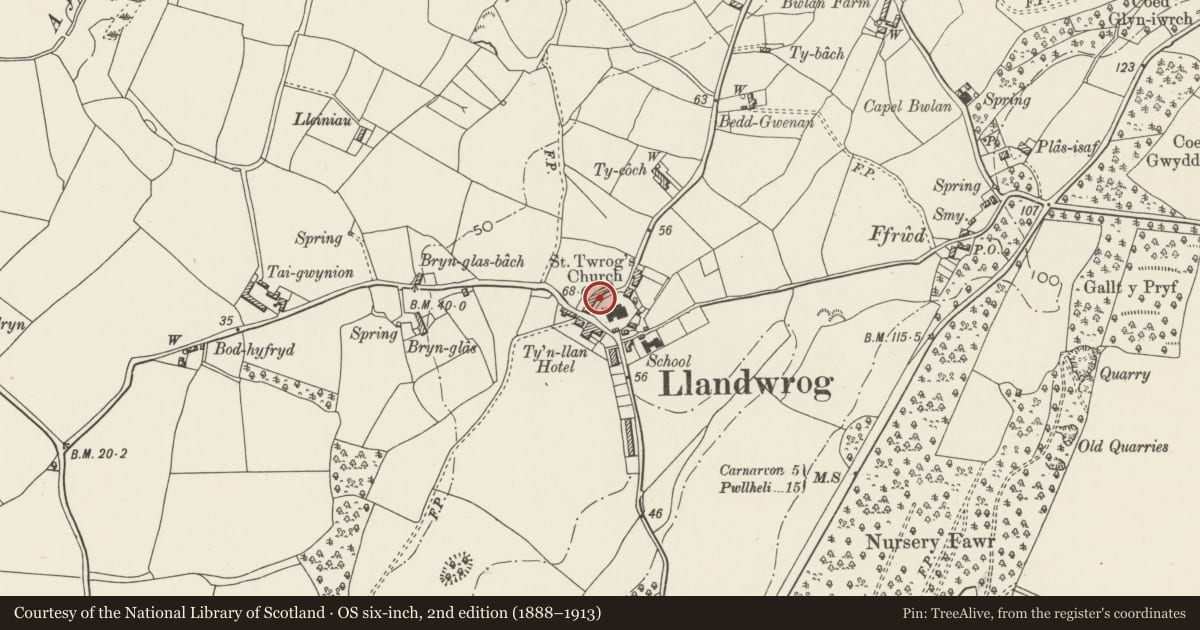 Ordnance Survey six-inch map, 2nd edition (1888–1913) covering the location of Cilgant, Llandwrog, Gwynedd, with a pin at the register's coordinates