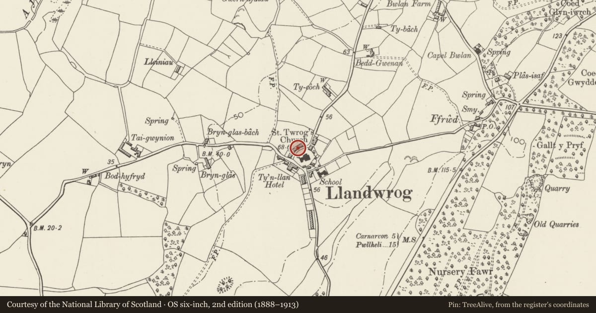 Ordnance Survey six-inch map, 2nd edition (1888–1913) covering the location of Cilgant, Llandwrog, Gwynedd, with a pin at the register's coordinates