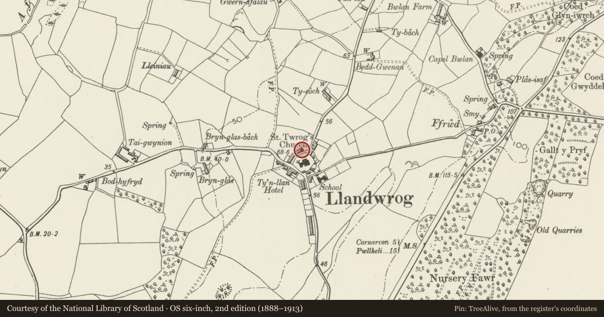 Ordnance Survey six-inch map, 2nd edition (1888–1913) covering the location of No.4 Cilgant (The Crescent), Llandwrog, Gwynedd, with a pin at the register's coordinates