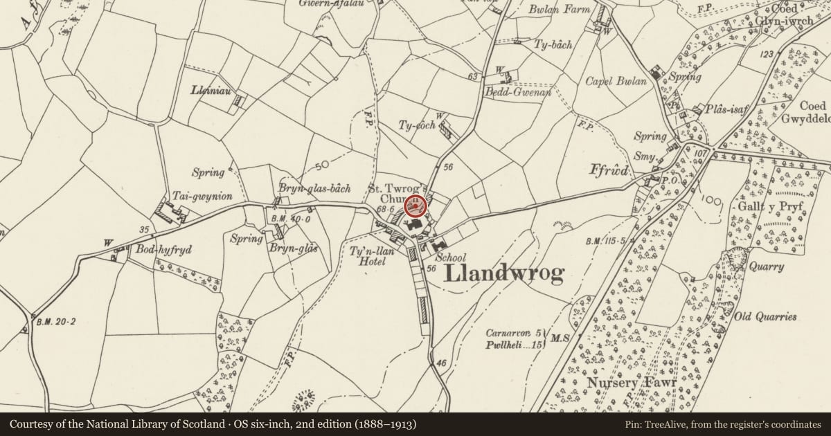 Ordnance Survey six-inch map, 2nd edition (1888–1913) covering the location of No.5 Cilgant (The Crescent), Llandwrog, Gwynedd, with a pin at the register's coordinates