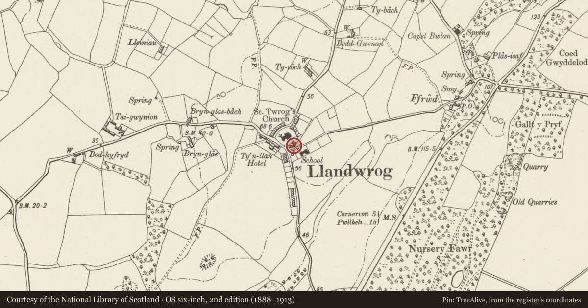 Ordnance Survey six-inch map, 2nd edition (1888–1913) covering the location of Caer Eglwys, Llandwrog, Gwynedd, with a pin at the register's coordinates