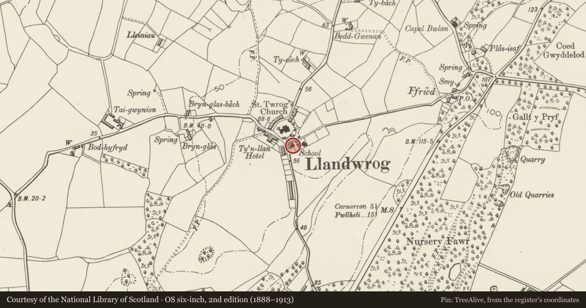 Ordnance Survey six-inch map, 2nd edition (1888–1913) covering the location of Bwthyn Rhosyn (Rose Cottage), Llandwrog, Gwynedd, with a pin at the register's coordinates