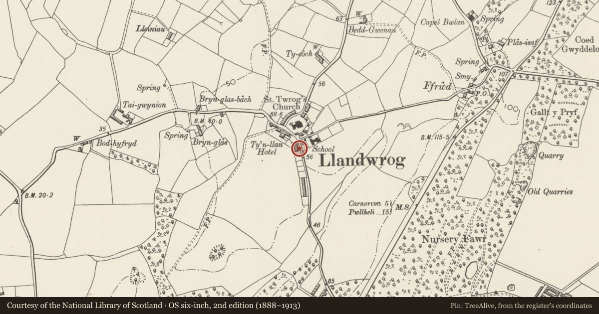 Ordnance Survey six-inch map, 2nd edition (1888–1913) covering the location of No.1 Tai'r Ysgol (School Cottages), Llandwrog, Gwynedd, with a pin at the register's coordinates
