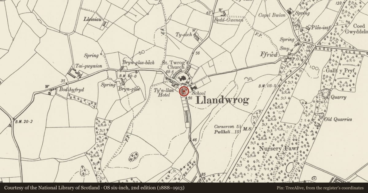 Ordnance Survey six-inch map, 2nd edition (1888–1913) covering the location of No.2 Tai'r Ysgol (School Cottages), Llandwrog, Gwynedd, with a pin at the register's coordinates