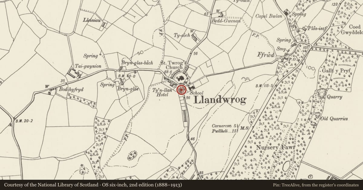 Ordnance Survey six-inch map, 2nd edition (1888–1913) covering the location of No.3 Tai'r Ysgol (School Cottages), Llandwrog, Gwynedd, with a pin at the register's coordinates