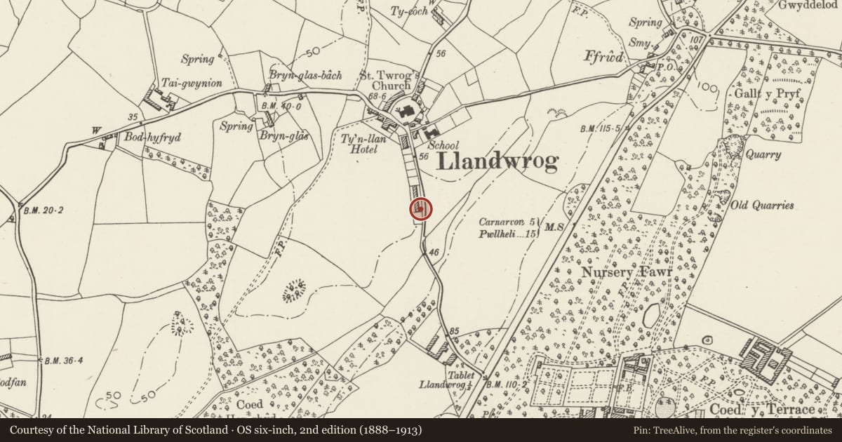 Ordnance Survey six-inch map, 2nd edition (1888–1913) covering the location of No.1 Cae'r Llwyn Cottages, Llandwrog, Gwynedd, with a pin at the register's coordinates